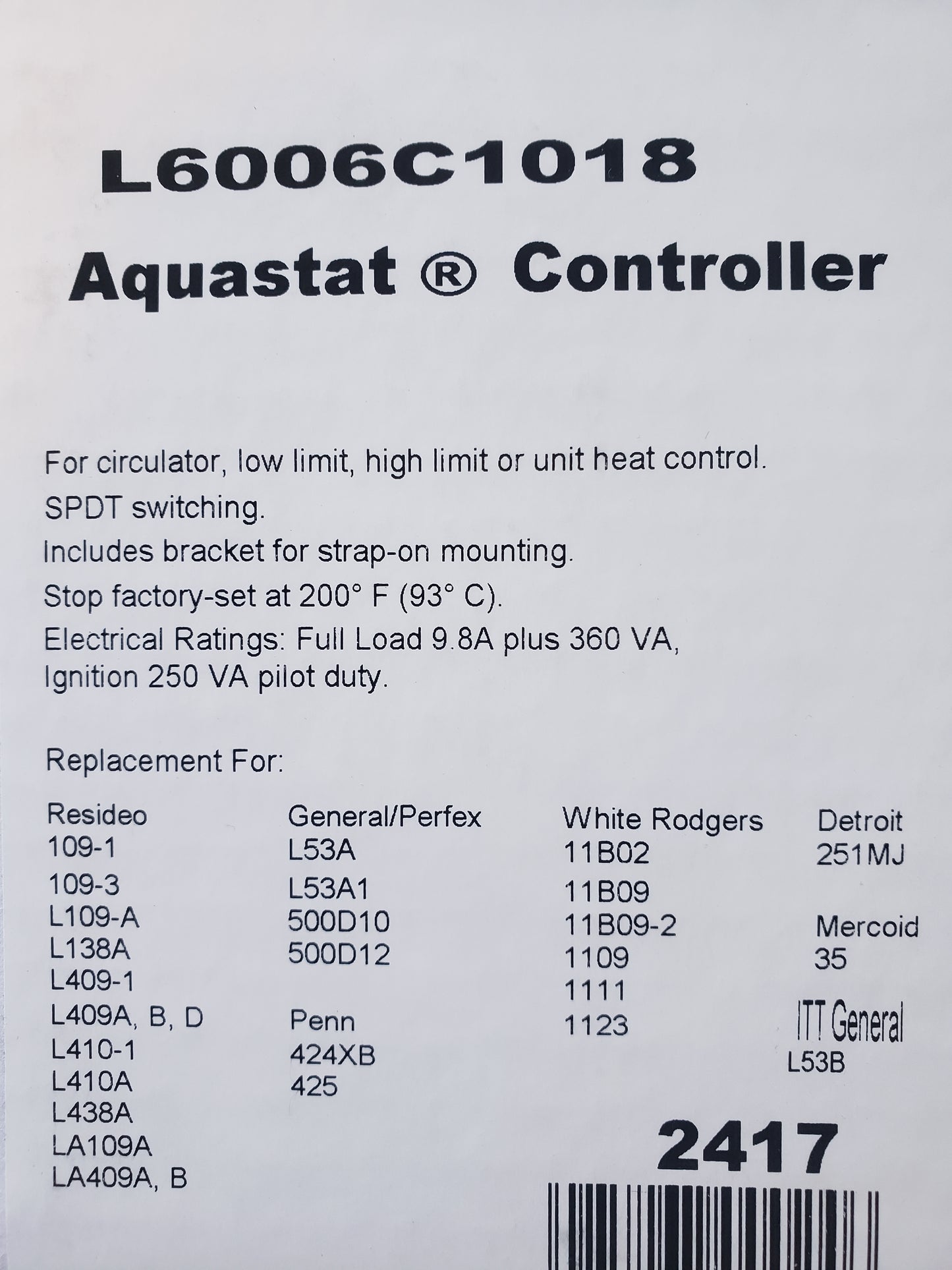 Resideo Aquastat Controller L6006C1018 (Replaces Honeywell)