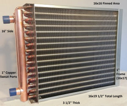 16x16  Water to Air Heat Exchanger 1" Copper Ports With Install Kit
