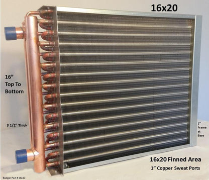 16x20 Water to Air Heat Exchanger 1" Copper Ports with install kit