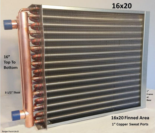 16x20 Water to Air Heat Exchanger 1" Copper Ports with install kit